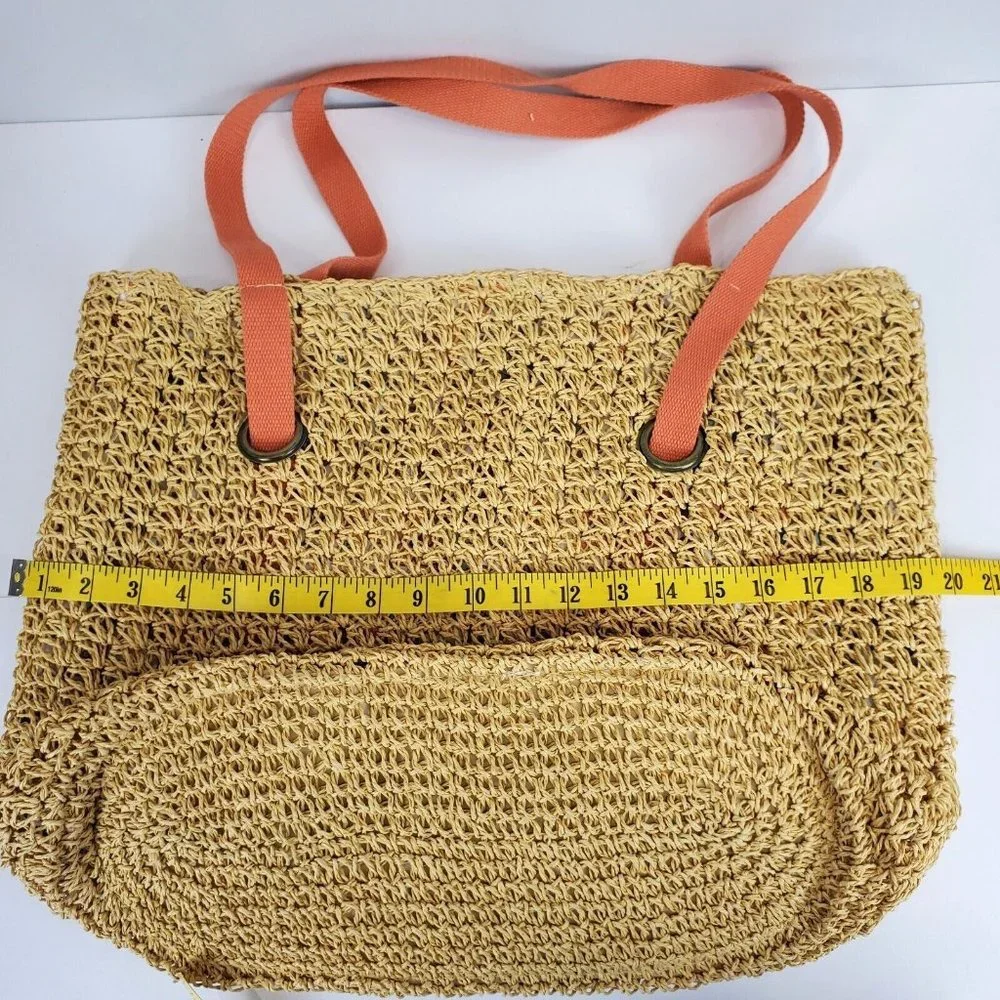 Kirra Paper Straw Tote XLarge‎ Tan Boho Bag Canvas Coral Strap Beach Travel